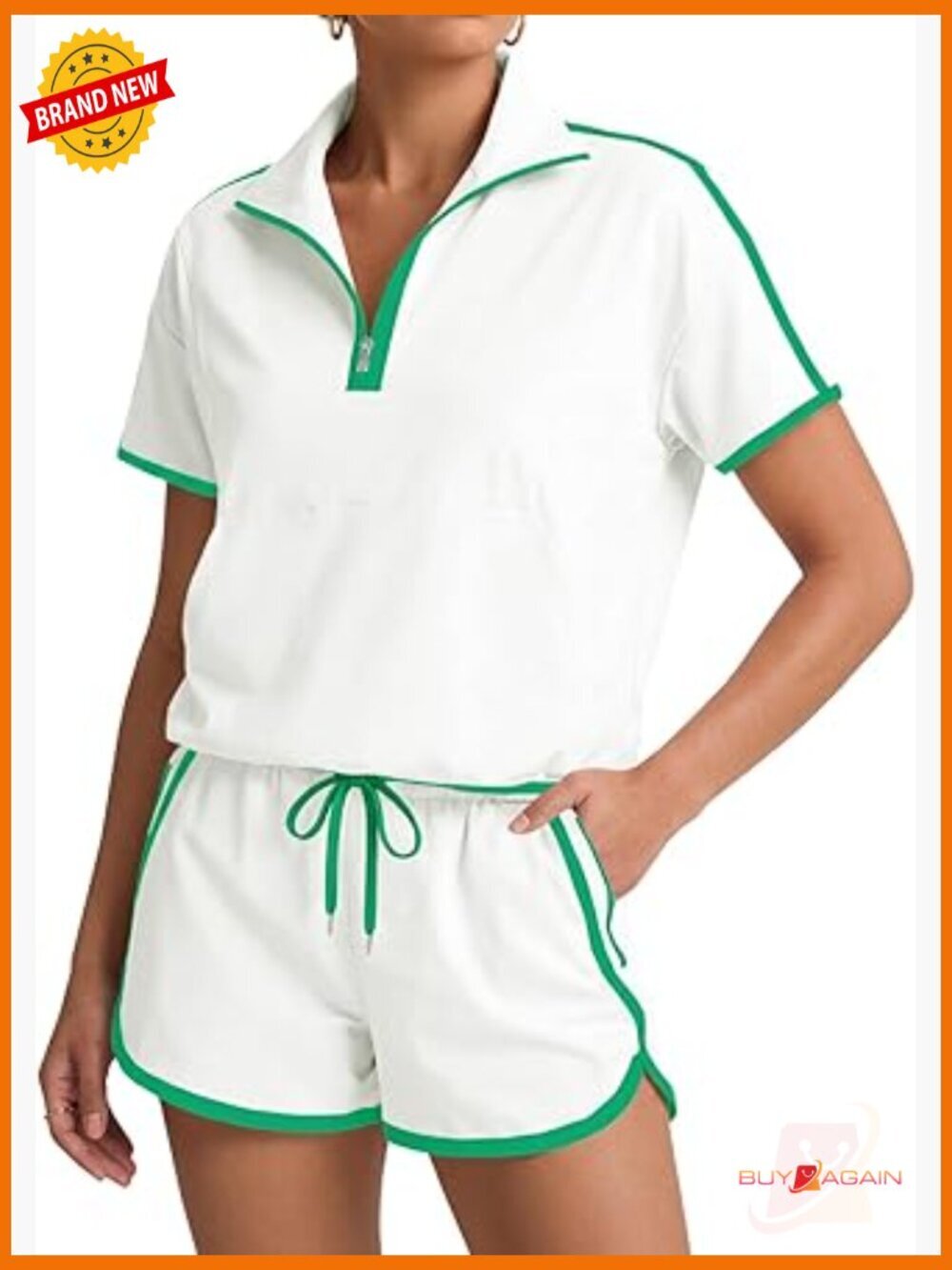 2 Piece Zip V Neck Short Sleeve Top & Shorts Set Activewear